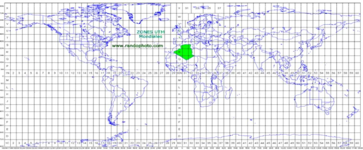 Figure 2.3 : Le découpage UTM planétaire (Il commence au parallèle 80° au Sud et se termine au  parallèle 84° au Nord