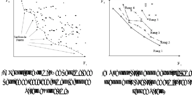 Figure 3.4: Front de Pareto et rangs de Pareto pour un problème de minimisation de deux objectifs