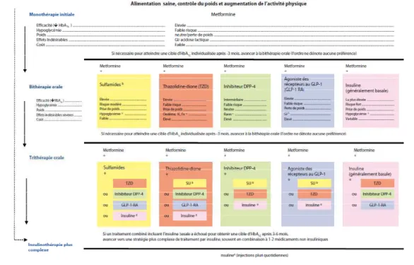 Figure 10 Recommandations générales sur la stratégie des médicaments anti-hyperglycémiants du  diabète de type 2 (source : Société Francophone du Diabète 2012) 