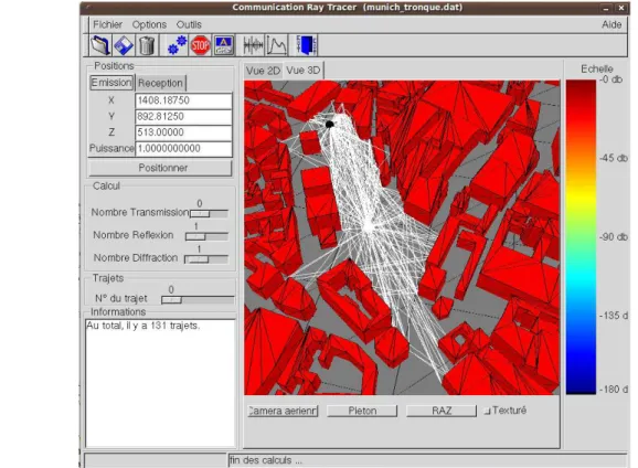 Figure 2.3 : Une simulation de propagation multi-trajets avec CRT dans un environnement urbain 3D.