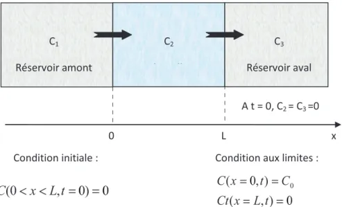 Figure I.4 : Représentation schématique d’une expérience de « through diffusion » avec les  conditions limites associées