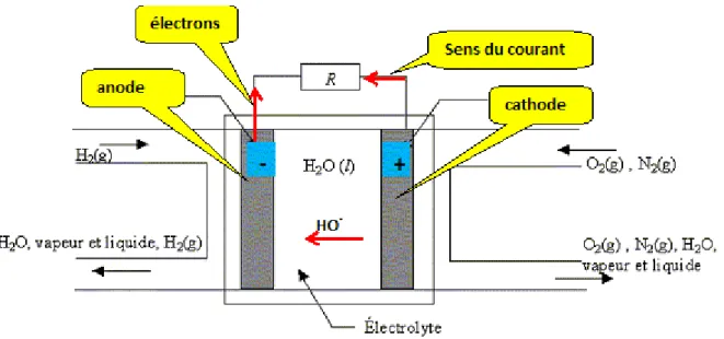 Figure  3 :  Schéma  d’une  cellule  élémentaire  d’une  pile  à  combustible  à  électrolyte  alcalin