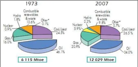 Figure I-1 : Evolution de la consommation d’énergie mondiale entre 1973 et 2007 en MTEP,  et répartition par source 