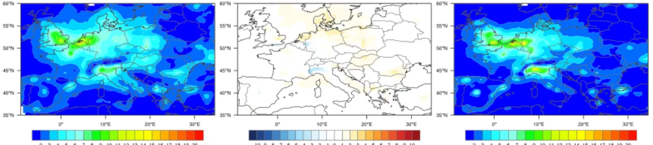 Fig. 2 Annual average of NO 2 VCD (unit: ×10 15 molecules cm − 2 ) over Europe: model (left), model-satellite (middle) and satellite (right)