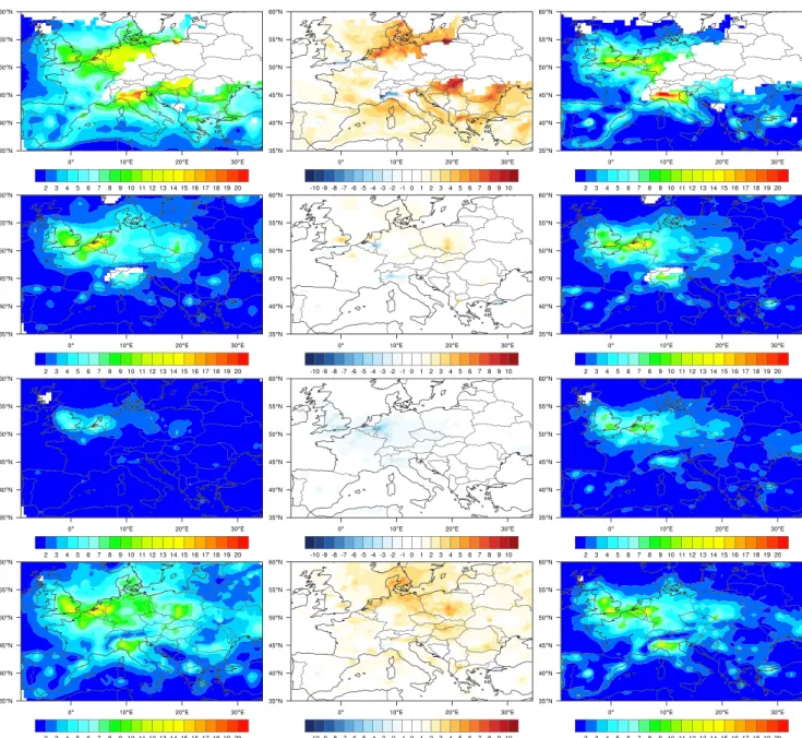 Fig. 4 Seasonal average of NO 2 VCD (Unit: ×10 15 molecules cm − 2 ) over Europe: model (left), model-satellite (middle) and satellite (right).