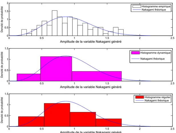 Figure 2.4: Histogrammes empirique, dynamique et régulier comparés à la densité de probabilité théorique de Nakagami- m