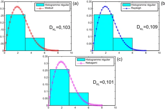 Figure 2.10: Test de Kullback–Leibler appliqué aux trois lois candidates : (a) Weibull, (b) Ray- Ray-leigh, (c) Nakagami-m