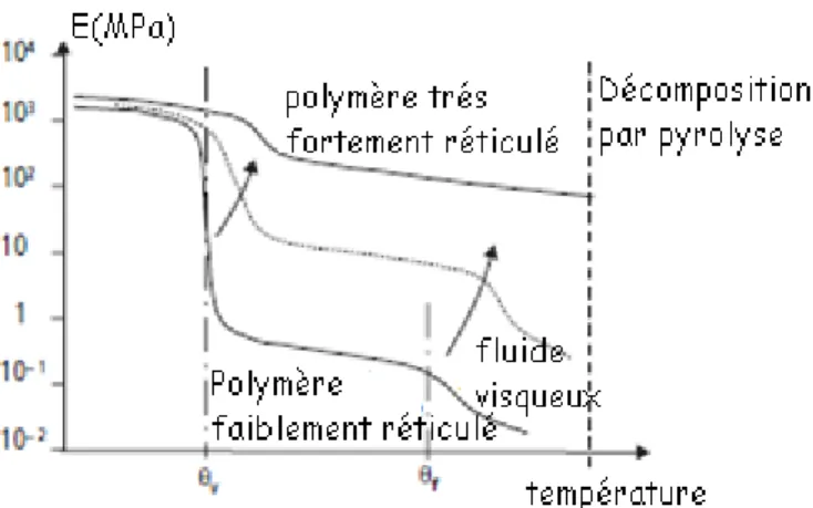 Fig. I.6  Évolution schématique du module de Young E d’un polymère en fonction de la température, pour divers taux de  réticulation