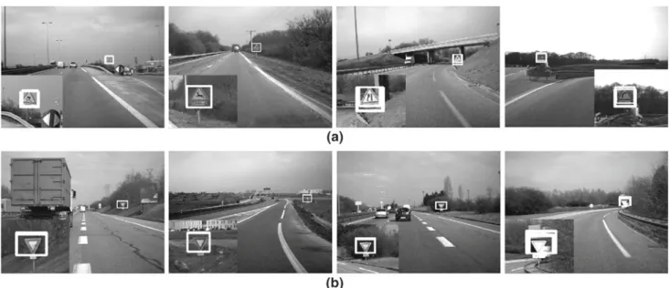 Fig. 19 Examples of detection with our experimental images. Top row Warning traffic sign detection
