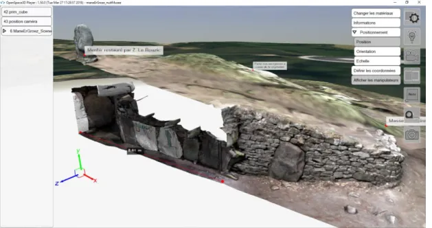 Figure 3: Screenshot of OpenSpace3D for the visualisation of neolithic architecture with Rock Art  (cross-section of the Mané er Groez dolmen, Carnac) 