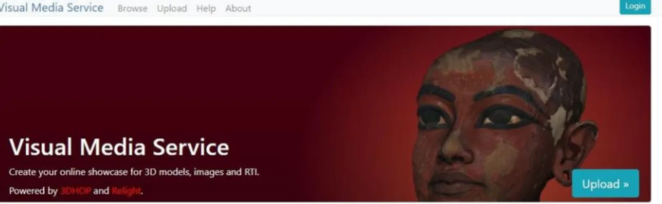Figure 7: The Visual Media Service Internet site landing page. Accessing the service, the user finds a  simple Internet form that allows to upload its own data (3D models, hi-res 2D images, or RTIs) and to 