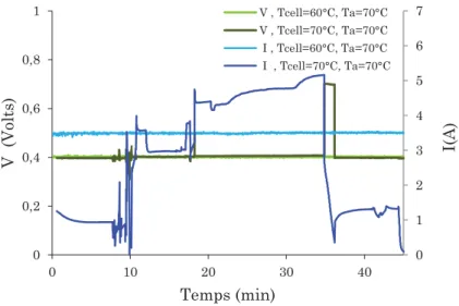 Figure 3.4. Comparaison entre deux températures de fonctionnement pour une PEMFC :          Tcell = 60°C et Tcell = 70°C ;TA = 30°C, Thuma,C = 70°C