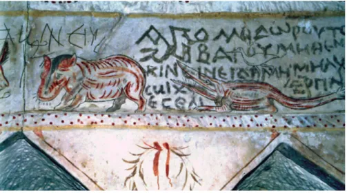 Fig. 1a. — Maresha, Apolophanes tomb, 3rd cent.  BC . Northern wall : a crocodile and a hippopotamus after the reconstruction.