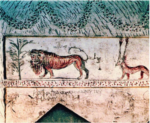 Fig. 1c. — Maresha, Apolophanes tomb, 3rd cent.  BC . Southern wall : a human-faced lion and a lynx.