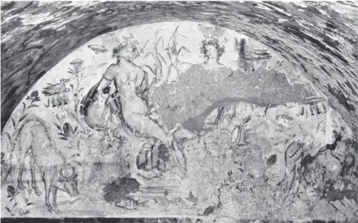 Fig. 2a. — Ashkelon, Nymphs’ tomb, mid 3rd-cent.  AD . The southern lunette : two naked nymphs on Nilotic landscape.
