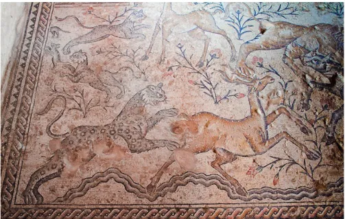 Fig. 7c. — Zippori, Nile Festival mosaic, 5th cent.  AD .  Left side of 3rd zone with wild animals attacking placid animals.