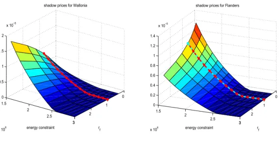 Figure 8: The equilibrium shadow prices as functions of the weight r f and the energy constraints