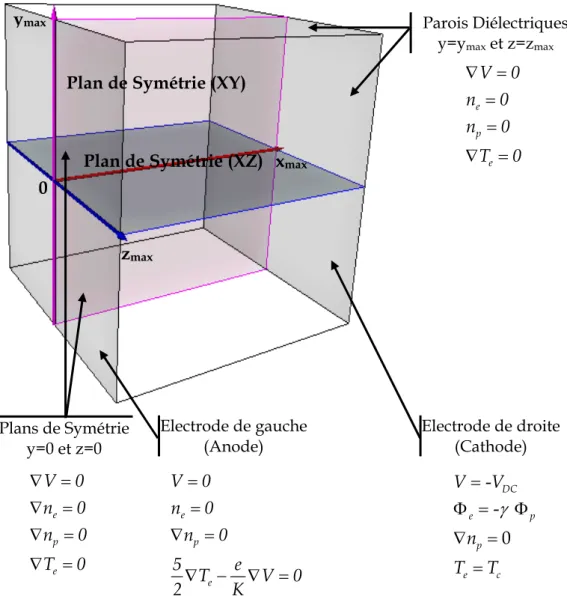 Figure III.4: Conditions aux limites  utilisées dans le code 3D   de la décharge luminescente basse pression 