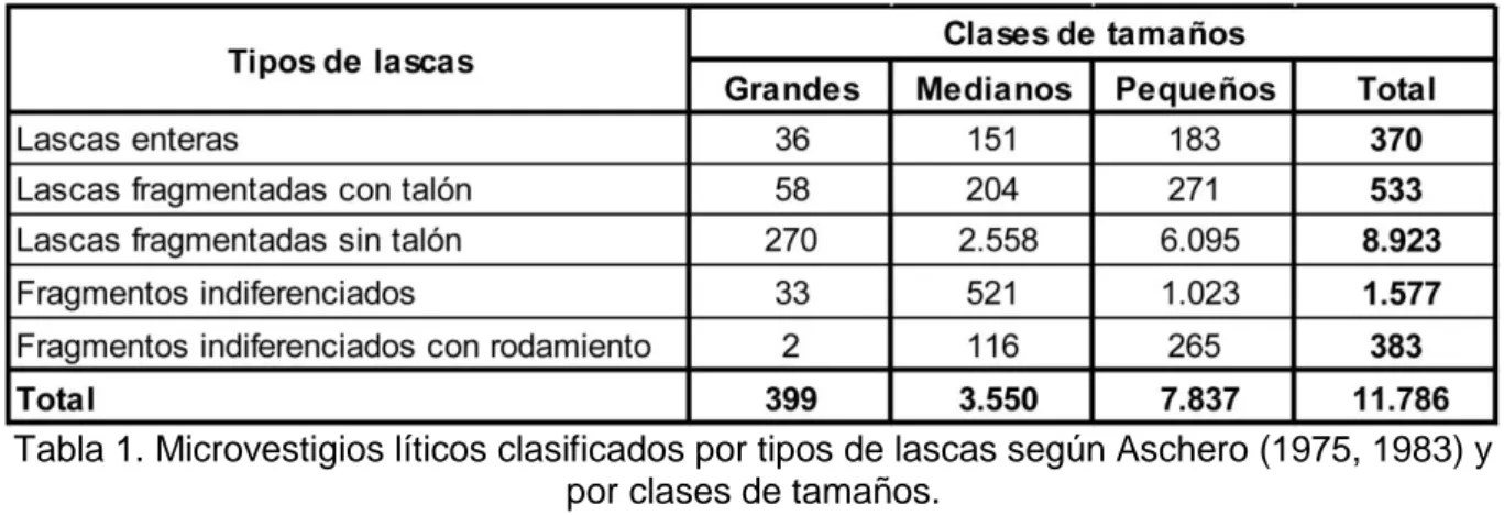 Tabla 1. Microvestigios líticos clasificados por tipos de lascas según Aschero (1975, 1983) y  por clases de tamaños