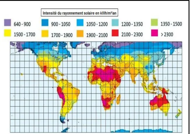 Figure 0.1 Carte d’irradiation solaire dans le monde   Tirée de photovoltaïque guidenr (2018) 