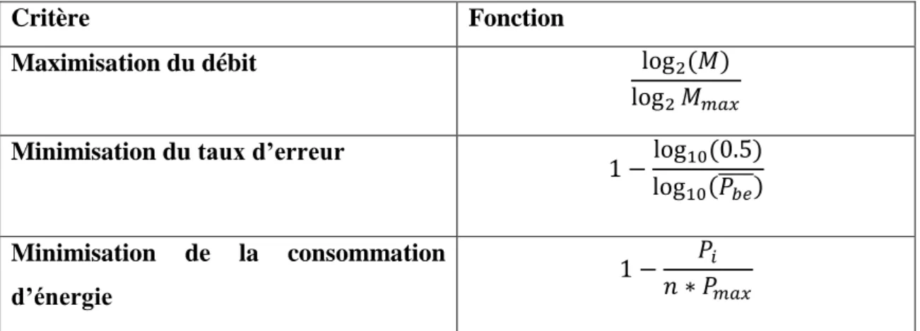 Tableau III.1: Présentation mathématique des trois critères  III.3 Définition des paramètres 