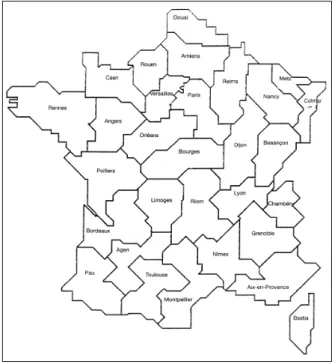 Figure 1. The 30 French metropolitan appeal court areas. 