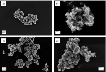 Figure 5 : Images obtenues par microscopie électronique à balayage sur la plateforme CARMEN du  LNE des additifs a) E171, b) E551, c) E172 et d) mélange E171+E551