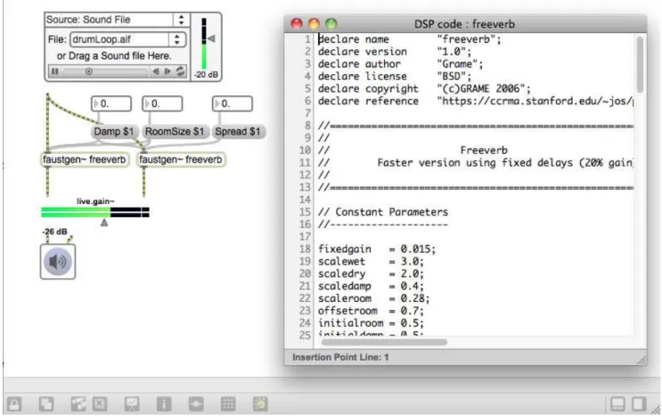 Figure 4: Une utilisation de faustgen˜ pour programmer freeverb