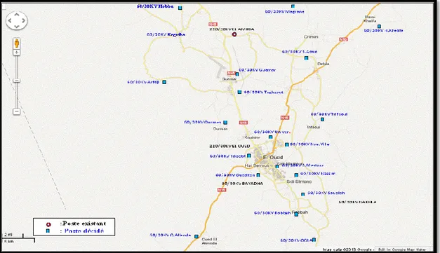 Figure IV.2 : Carte schématique des postes sources HTB/HTA El Oued-El Ameria- Ameria-Bayadha- Nakhla  