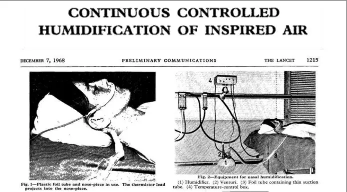 Figure  6.  Première  description  du  principe  de  fonctionnement  de  l’oxygénothérapie  nasale  humidifiée  et  réchauffée à haut débit (Lomholt N