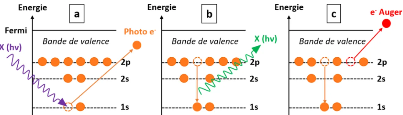 Figure  25.  Schéma  des  phénomènes  électroniques  internes  possibles  dans  l'XPS  :  (a)  émission  du  photoélectron analysé ; (b) fluorescence X ; (c) émission d’un électron Auger