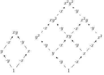 Figure 1.2.1 – Diagramme à zigzag du module M = m = (x, y) ≤ A 2 2 . Les espaces vectoriels sont W = mM = h xy i et V = M/mM = h x, y i .