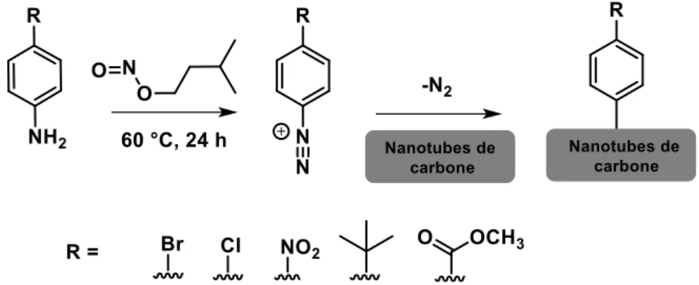 Figure 14 : Fonctionnalisation des nanotubes de carbones avec la procédure de Dyke et al