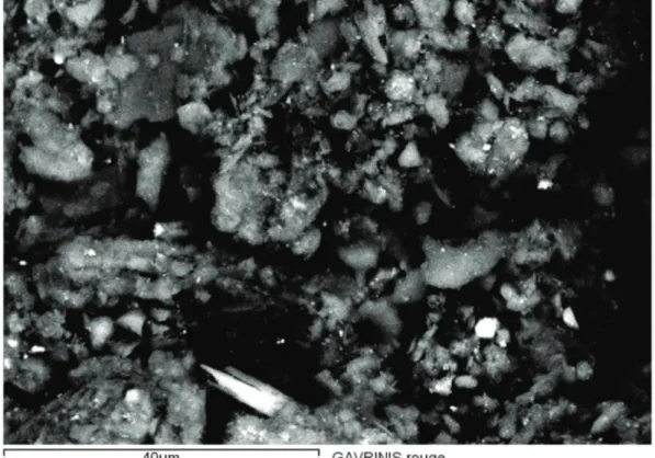 Figure 8 : image en électrons secondaire faisant apparaître l’hétérogénéité de la matière rouge