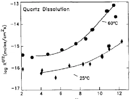 Figure I- 13 : Cinétique de dissolution du quartz en fonction du pH, à 25 et 60°C (Brady et Walther, 1990) 