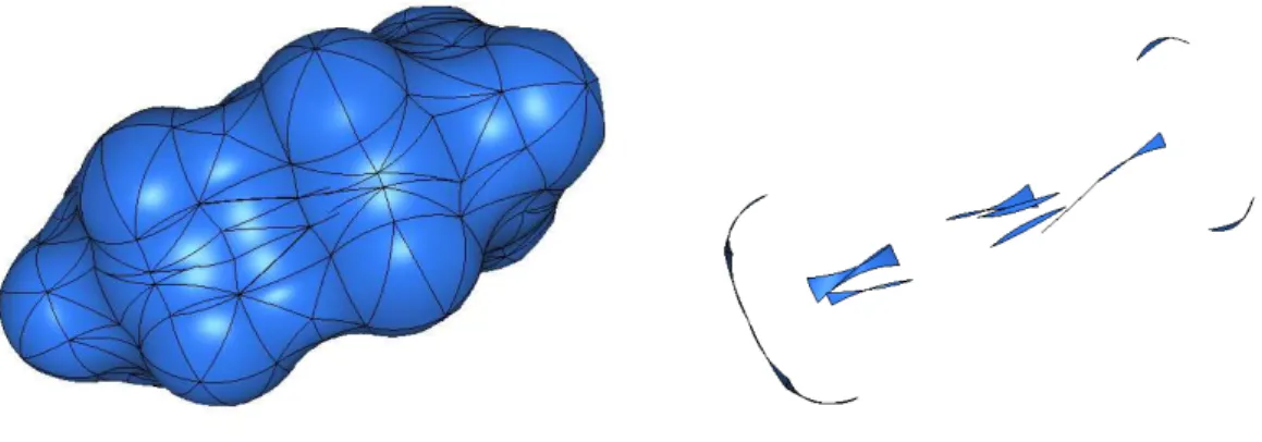 Fig. 9 – À gauche, le maillage initial de la molécule. À droite, les seuls triangles détectés comme suspects.