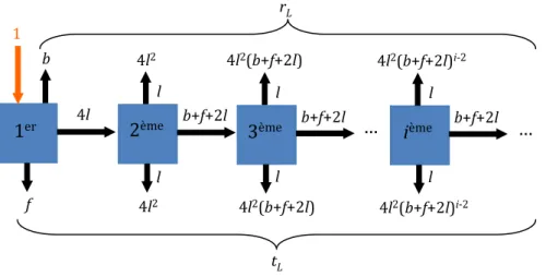 Figure 10 : Détermination de la réflectance r L  et de la transmittance t L  d’une couche seule (un carré représente le  ième événement de diffusion) 