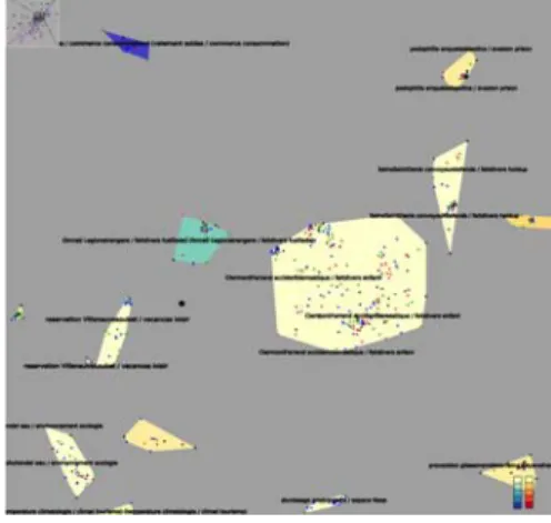 Figure 3 : Un exemple de clustering avec échelles  de Brewer et coloration des nœuds par chaîne de  diffusion (TF1 en bleu, France 2 en vert, France 3  en noir, Arte en rose, M6 en rouge)
