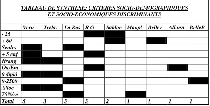 TABLEAU DE SYNTHESE: CRITERES SOCIO-DEMOGRAPHIQUES  ET SOCIO-ECONOMIQUES DISCRIMINANTS 