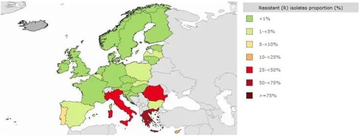 Figure 1. Pourcentage (%) des souches de Klebsiella pneumoniae résistantes aux carbapénèmes par  pays, en 2016 (Données fournies par l'ECDC sur la base des données fournies par l'OMS et les 