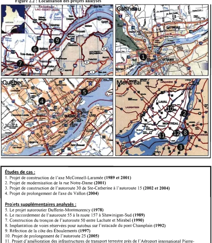 Figure 2.2  :  Localisation des  projets analysés 