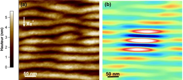 Figure III.3 – (a) Image AFM d’une surface d’alumine nanostructurée et (b) la fonction d’auto- d’auto-corrélation correspondante