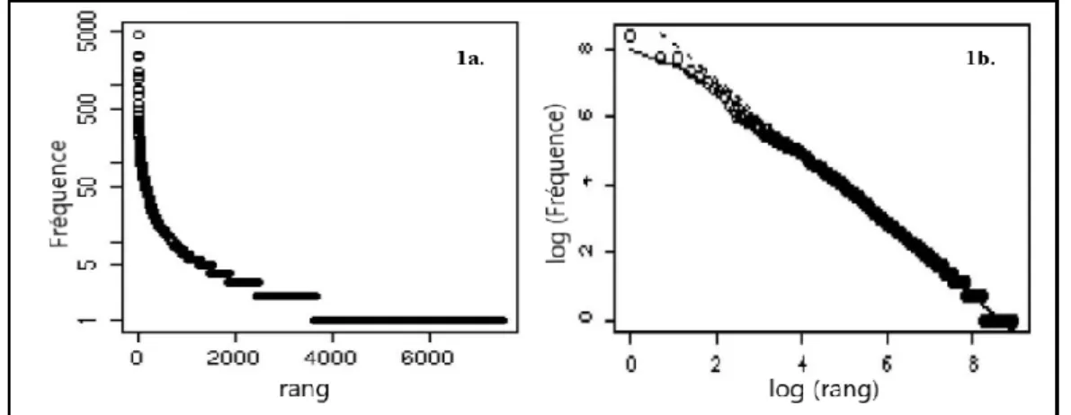 Figure  II.4  Tracé  de  rang/fréquence  sur  une  échelle  normale  dans  la  figure  1a,  tandis  que  la  figure 1b montre le même graphique de rang / fréquence sur une échelle de log-log