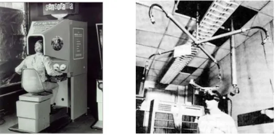 Figure 1: Les premiers systèmes de réalité virtuelle : à gauche, le Sensorama de Heiling (1956), à droite, l’Ultimate  Display de Sutherland (1968) 