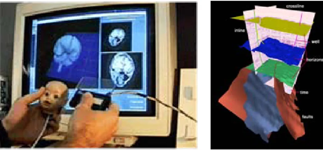 Figure 6 : A gauche, visualisation d’informations en neurochirurgie. A droite, visualisation de données sismiques  