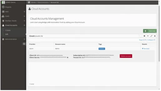Figure 9 – Bridge LABS - Exemple d’un compte Cloud Azure