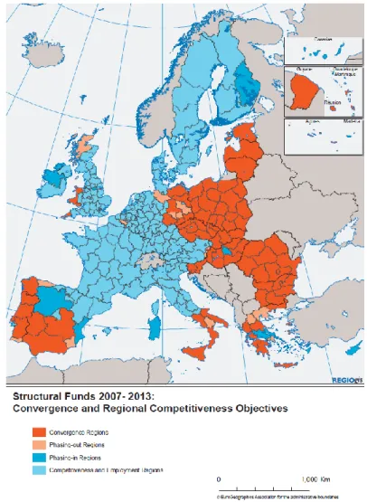 Figure 9: Zonage des régions éligibles aux Fonds structurels au titre des objectifs  1 et 2 2004-2006 