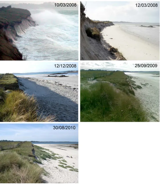 Figure 7 – Evolution morphosédimentaire du front de dune de la plage du Vougot dans sa  partie orientale entre le 10 mars 2008 et le 30 août 2010 (clichés S