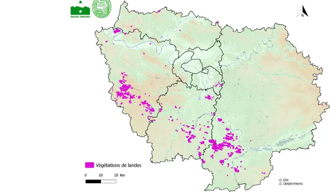 Figure 1 : Répartition des végétations de landes en Île-de-France.  