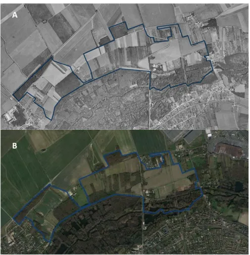 Figure 11 : Vue aérienne du site A. en 1954 (©IGN) et B. en 2017 (©Google) 